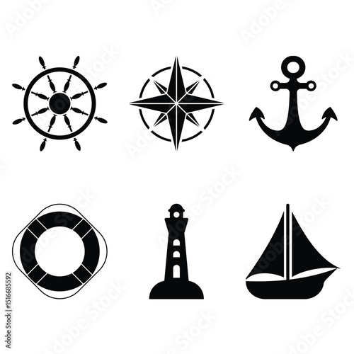 A Nautica themed icon set inspired by maritime elements, featuring ships, anchors, compasses, waves, and naval symbols. Perfect for ocean navigation, military, logistics, and nautical branding