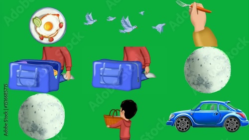 green screen white background flock pigeons flies hand holding carrot fork cartoon character sitting blue suitcase person plastic chair ball black spots moon basket front car plate food.