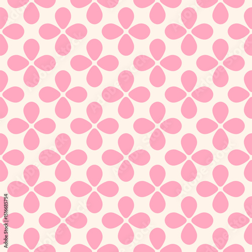 Abstract funky vector seamless pattern. Simple floral ornament with bold flower silhouettes, leaves. Cute pink and white texture. Retro nostalgic old-fashioned groovy background. Repeated funky design
