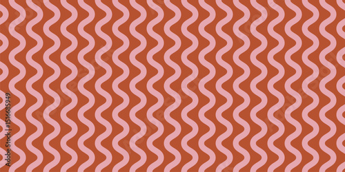 Seamless pattern with vertical wavy lines, stripes. Simple vector geometric texture with waves, curves, squiggly shapes. Abstract red and pink funky background. Stylish modern retro repeated design