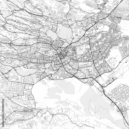 Nairobi Area Map with Labels and Neighborhoods - One color, minimalistic design