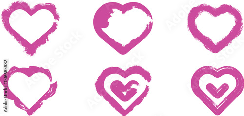 Vector collection of outlined heart icons in pink and purple with playful, hand-drawn representing love, romance, and affectionate concepts in modern