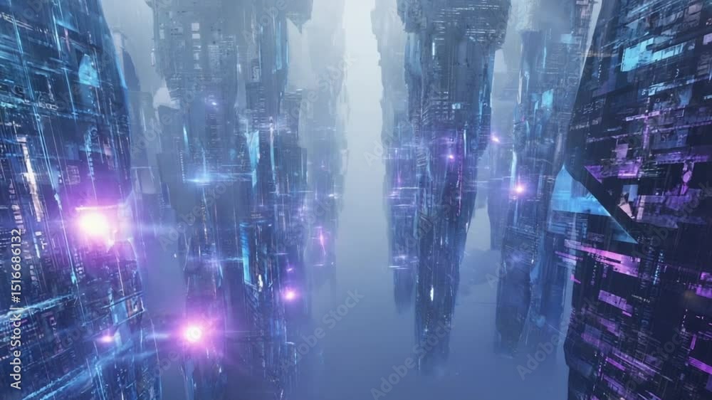 A surreal sci-fi city neon-lit night sky, built data stream glitches, corrupted code fractal structures. solid matter digital noise. low-frequency pulses and foggy particle waves each sync