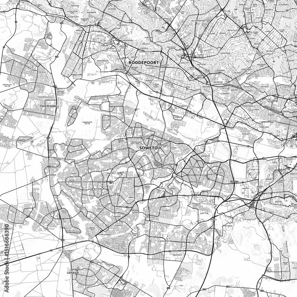 Obraz premium Soweto Area Map with Labels and Neighborhoods - One color, minimalistic design