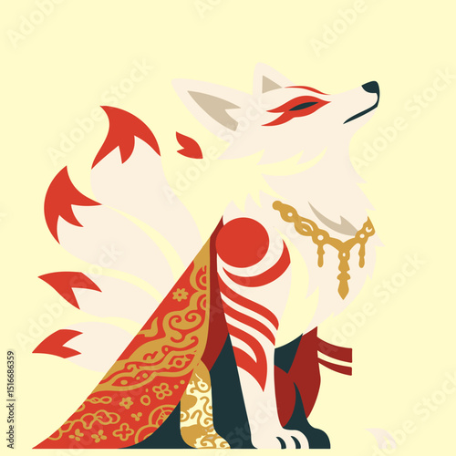 A fox is wearing a red and gold dress and is sitting on the ground. The fox has a peaceful expression on its face