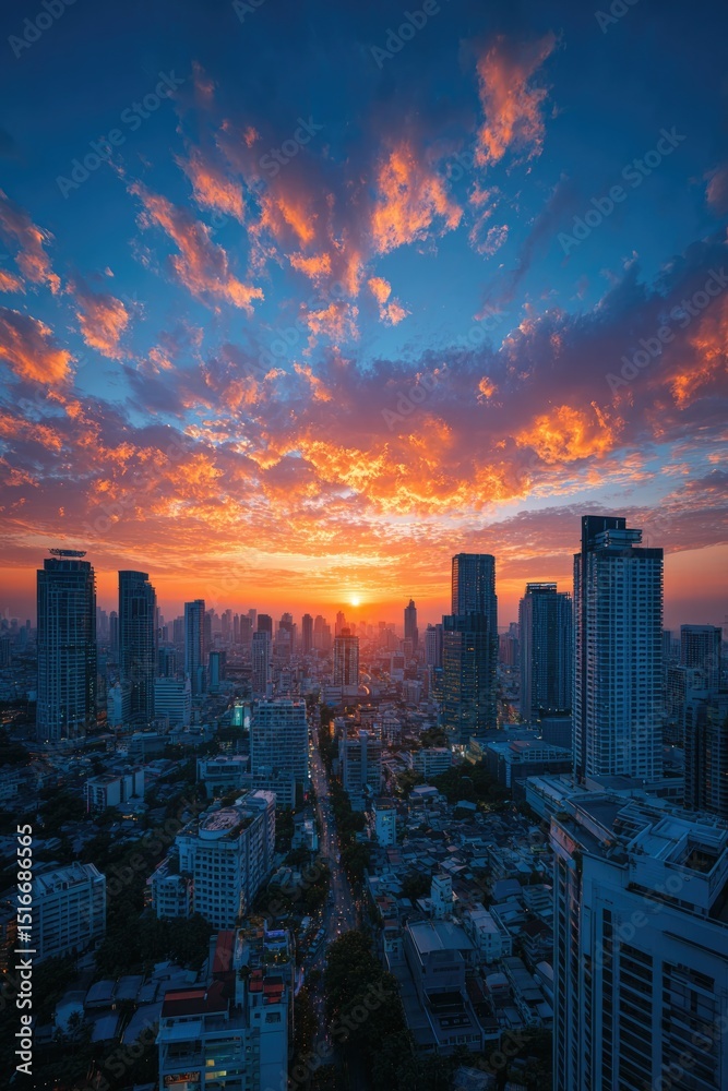 Fototapeta premium aerial view of urban skyline at sunrise scattered clouds glowing minimalistic skyscrapers with ample copy space