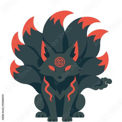 A black and red cat with a red eye and a red circle on its head. The cat is sitting on a white background
