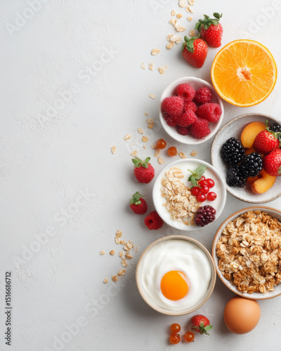 Healthy breakfast flat lay is beautifully arranged on white table