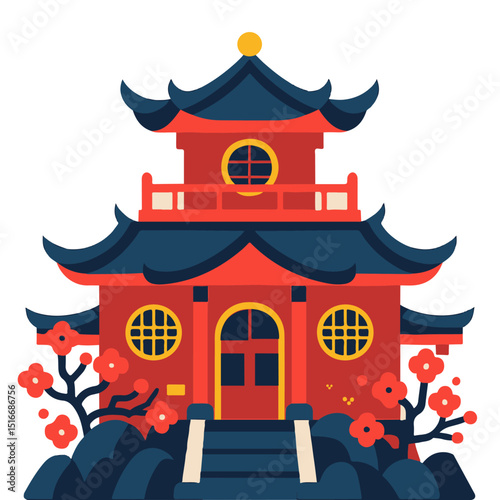 A red and blue building with a blue roof and red trim. The building has a lot of windows and a large door. The building is surrounded by trees and bushes