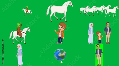 green screen white background horse group horses running across person riding boy jacket jeans standing family animation muslim woman wearing traditional clothing earth rotating man front.