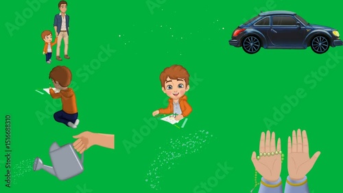 man little boy are standing front green screen white background black car sitting floor drawing cartoon character at table hand holding pen writing lot tiny dots next stars young desk is.