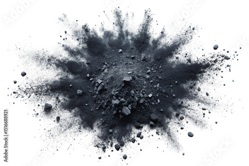 An abstract explosion of dark gray powder, featuring small stones and debris, creating a dynamic, textured visual that evokes a sense of energy and movement.