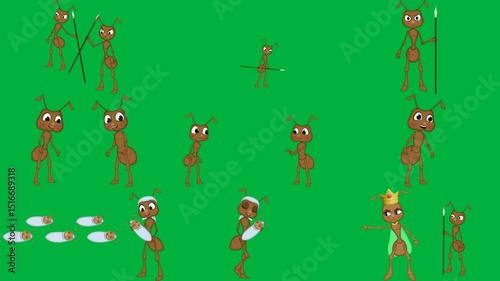 Ant cartoon spear green background character crown his head stick hand screen cup coffee it green screen animated chromakey background frame cartoonish emotion .