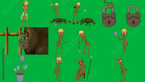 cartoon character crown his head two ants digging dirt green screen lock bear is locked cage ant shovel background fork knife cup spear locks wooden fence pot full gardening tools shovels.