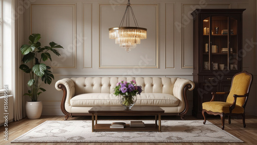 Elegant living room interior featuring a classic sofa and luxurious chandelier