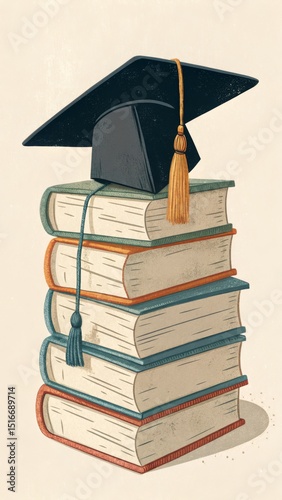 Graduation Cap Atop Stack of Books: Symbol of Academic Achievement