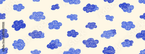 Crayon icons of weather, clouds in sky. Seamless pattern with doodle clouds in chalk texture. Cute summer weather background drawn with crayon pencils, kid vector illustration