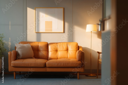 Empty therapist office couch bathed in soft light evokes peaceful calmness