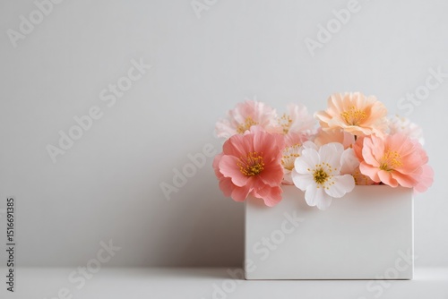 close-up of minimalist flower delivery box with vibrant blossoms peeking out