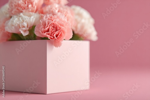 close-up of minimalist flower delivery box with vibrant blossoms peeking out