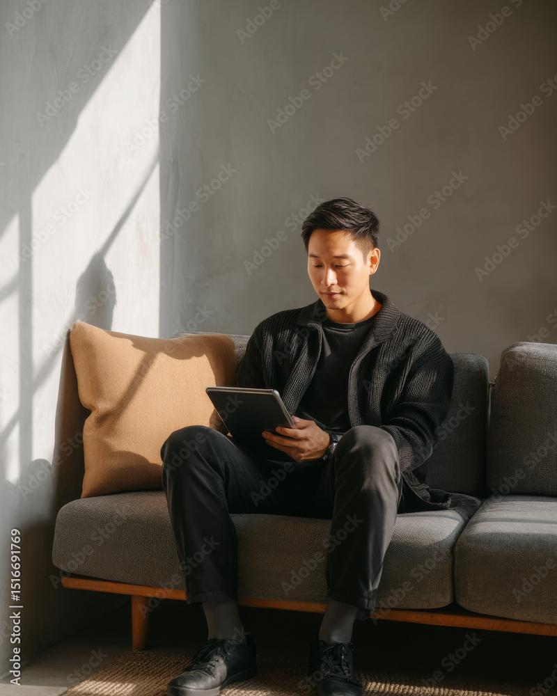 Fototapeta premium Young Asian man is happily sketching ideas while relaxing on sofa