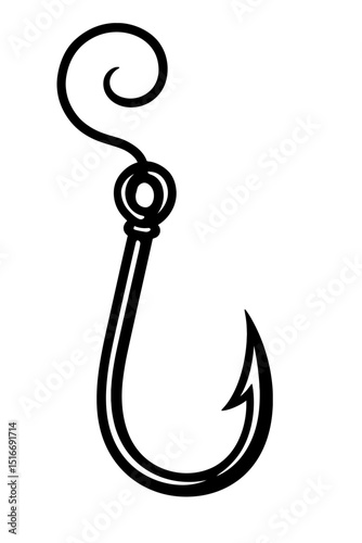 Classic Black and White Fishing Hook with Line Clipart Vector - Essential Angling Equipment Illustration for Fishing, Outdoor Sports, and Nautical Designs