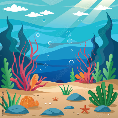 Tropical underwater world vector illustration with fish and sun over a blue ocean wave and sandy beach