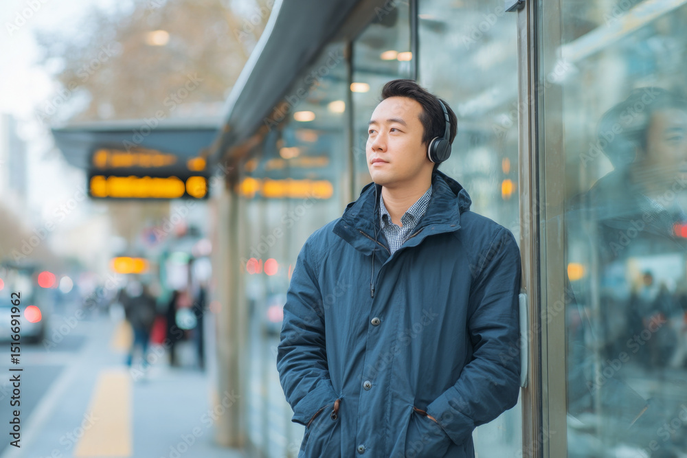 Fototapeta premium Young Asian man listening to music contentedly at bus stop