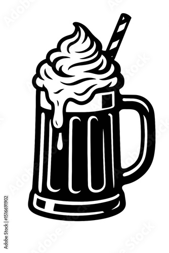 Classic Black and White Root Beer Float Silhouette Vector - Frothy Ice Cream Soda Illustration for Diners, Desserts, and Sweet Treat Designs