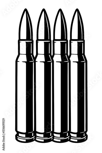 Precision Black and White Four Bullets Clipart Vector - Ammunition Illustration for Firearms, Military, and Target Practice Designs