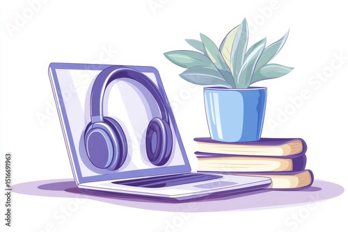 Laptop, Headphones, Books, and Plant: Online Learning Concept