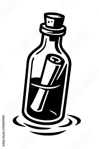 Classic Black and White Message in a Bottle Floating Vector - Symbolic Illustration for Communication, Adventure, and Hopeful Journey Designs