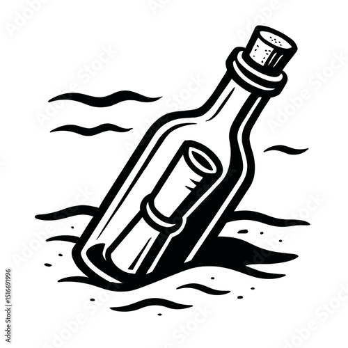 Classic Black and White Message in a Bottle Silhouette Vector - Symbolic Illustration for Communication, Adventure, and Hopeful Journey Designs
