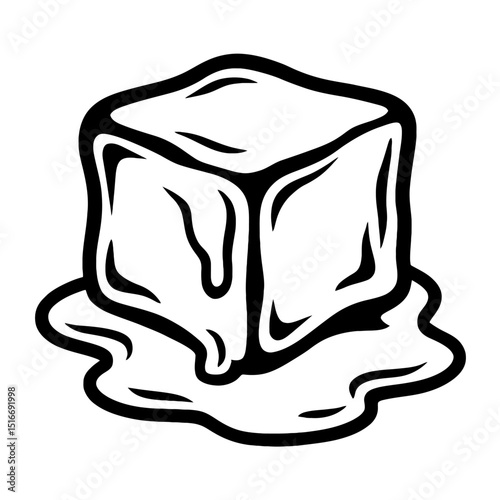 Refreshing Black and White Melting Ice Cube Vector - Dynamic Illustration of a Cooling Element with Water Drops, Ideal for Beverages, Summer, and Abstract Designs