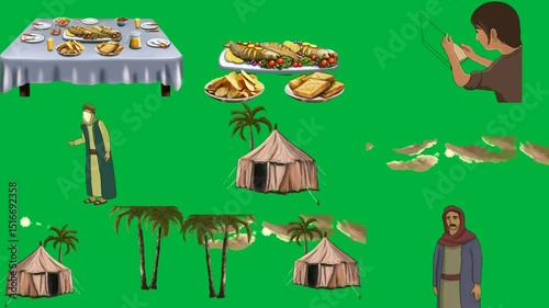 table food drinks it plate green screen book background cartoon character tent palm tree some clouds sky trees blue robe brown scarf full hand reaching front man red stands against boy.