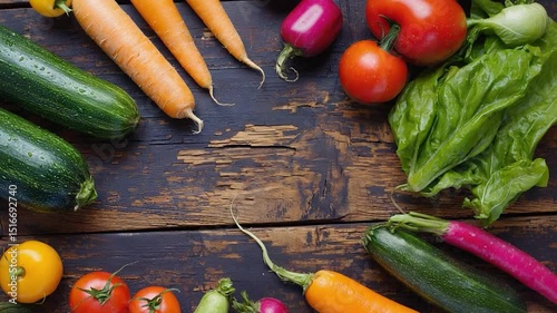 Assorted fresh vegetables arranged on a rustic wooden surface