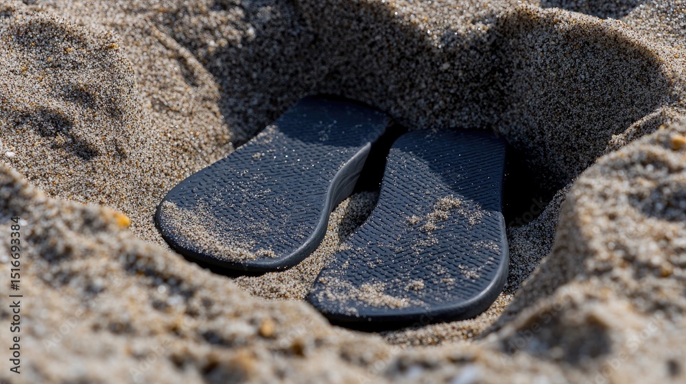 Fototapeta premium Dark flip-flops nestled within the fine beach sand.