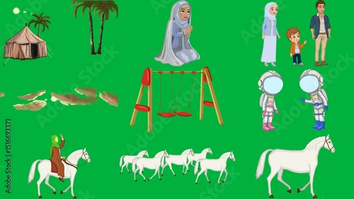 tent palm trees green screen woman blue dress is standing praying family some clouds sky wooden swing animation two astronauts space suits person riding horse group white horses running.