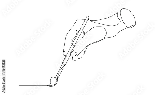 Continuous line of hand holding painting brush for paint art artist tool equipment. Sketch single one line drawing editable stroke vector illustration