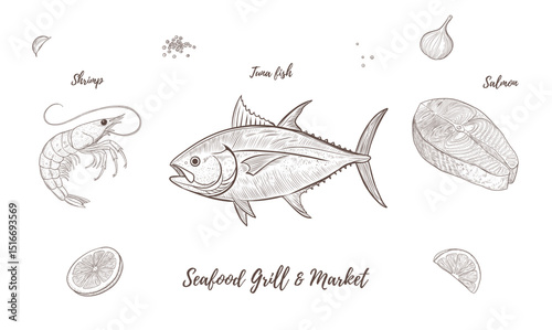 Seafood Grill and Market. Vintage Cuts with Herbs and Lemon. Tuna, shrimp, salmon. style of old engraving, vintage, Linear Sea Creatures. for menu designs, for menus, food branding, packaging