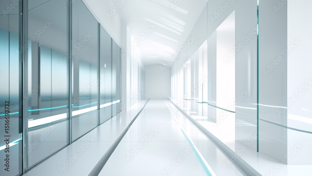 Fototapeta premium This image depicts a modern, minimalist corridor bathed in bright, ambient light.