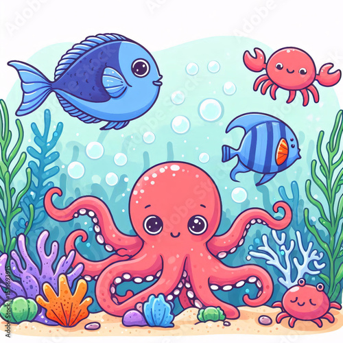 Cartoon Sea Animals and Fish Swimming