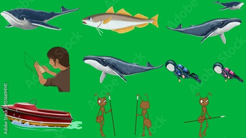 whale is swimming water green screen fish two whales are ocean book background mouth open cartoon characters same pose boat floating ant spear hand reaching jumping air it stick boy.