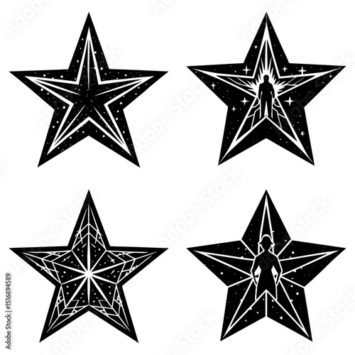 Four stylized black and white stars with unique inner designs and cosmic background elements shown
