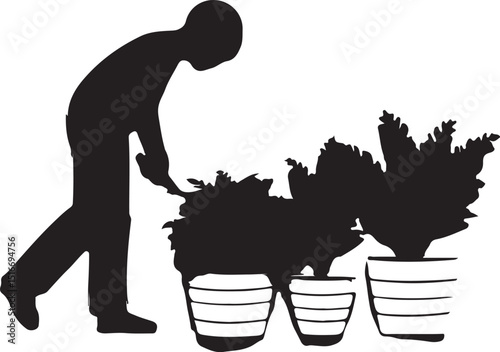 Gardener Silhouette Tending Potted Plants Gardening Vector Illustration