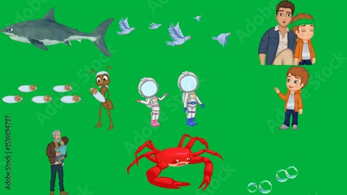 great white shark green screen flock pigeons flies man woman front ant two astronauts are standing next each other boy jacket jeans holding baby his arms red crab background water droplets .