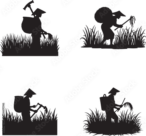 Farmers Harvesting and Working in Fields Silhouette Set