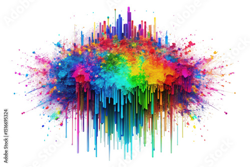 A vibrant explosion of colors in abstract art, showcasing a rainbow spectrum with splashes and drips forming a dynamic wave-like shape, invoking creativity and energy.