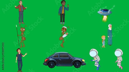 man brown jacket blue shirt is standing green screen yellow waving his hand spaceship flying through ant woman dress child t - jeans hands black car animation cartoon character it spear.