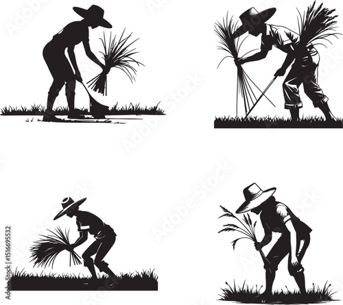 Silhouettes of Farmers Harvesting Crops Manual Labor in Traditional Agriculture Vector Set